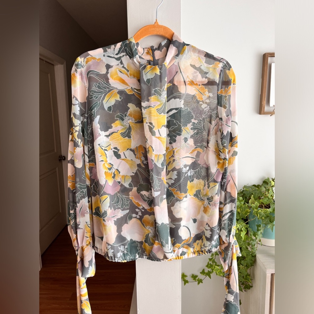 New York & Company Floral Blouse - Pink, Yellow, Gray